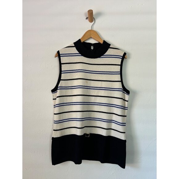 St. John Women's SZ 14 Striped Sleeveless Sweater Top Black & Cream - Picture 2 of 9